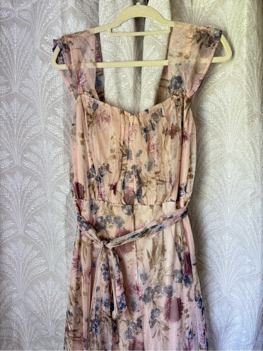 Candalite Floral Pink Chiffon Sparkle Maxi Dress PL - Picture 2 of 4